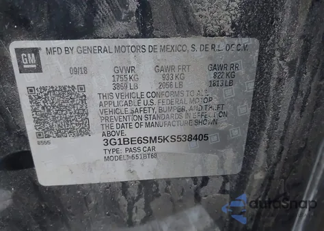 2019 Chevrolet Cruze Lt z USA, uszkodzony, nr VIN 3G1BE6SM5KS538405